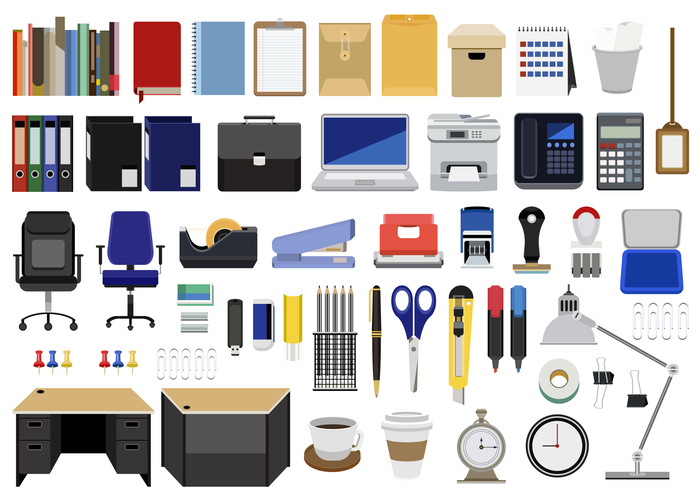 Collection Of Office Stationery, Furnitures, And Machines Isolated On White Background